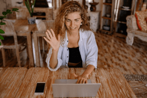 A woman learning a language online.