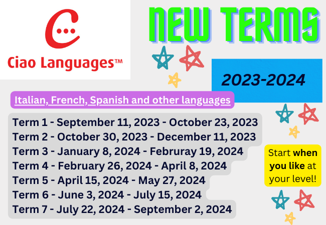Term card with term dates for the academic year 2023-2024 Term 1 - September 11 Term 2 - October 30 Term 3 - January 8, 2024 Term 4 - February 26, 2024 Term 5 - April 15, 2024 Term 6 - May 27, 2024 Term 7 - July 22, 2024